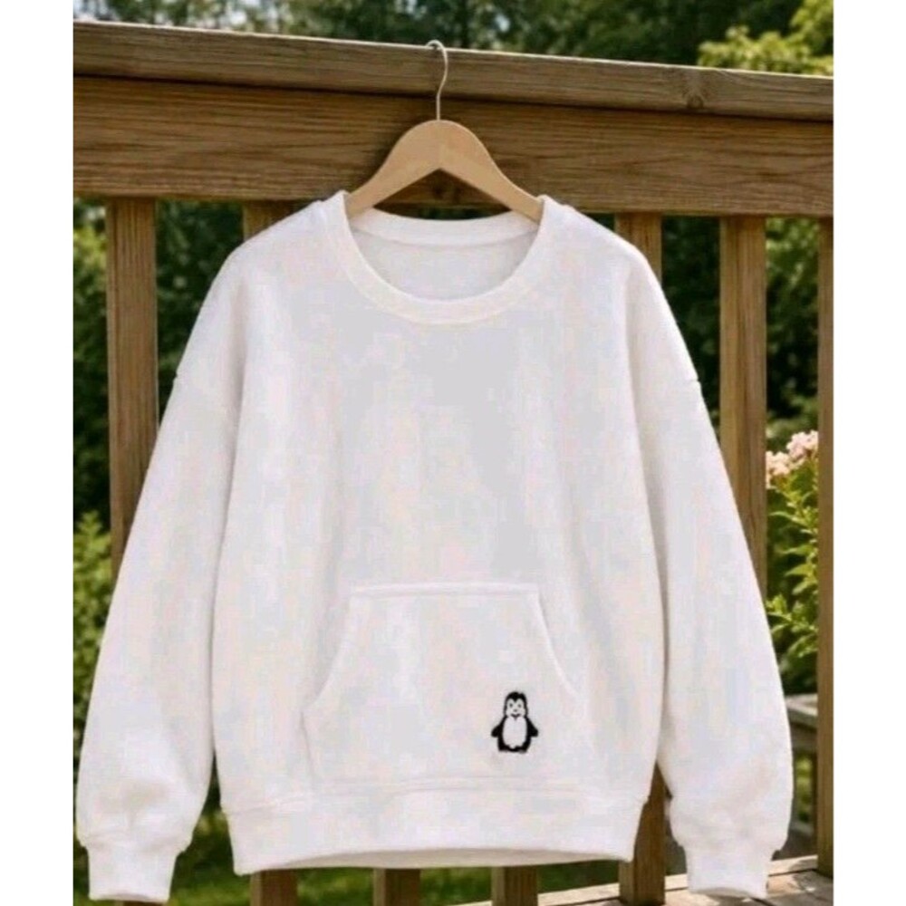 Women's White Fleece Pullover Sweatshirt with Kangaroo Pocket Penguin Embroidery